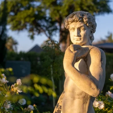 A classical statue among white roses at 81 On Church