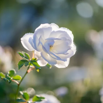 A white rose backlit in the garden at 81 On Church